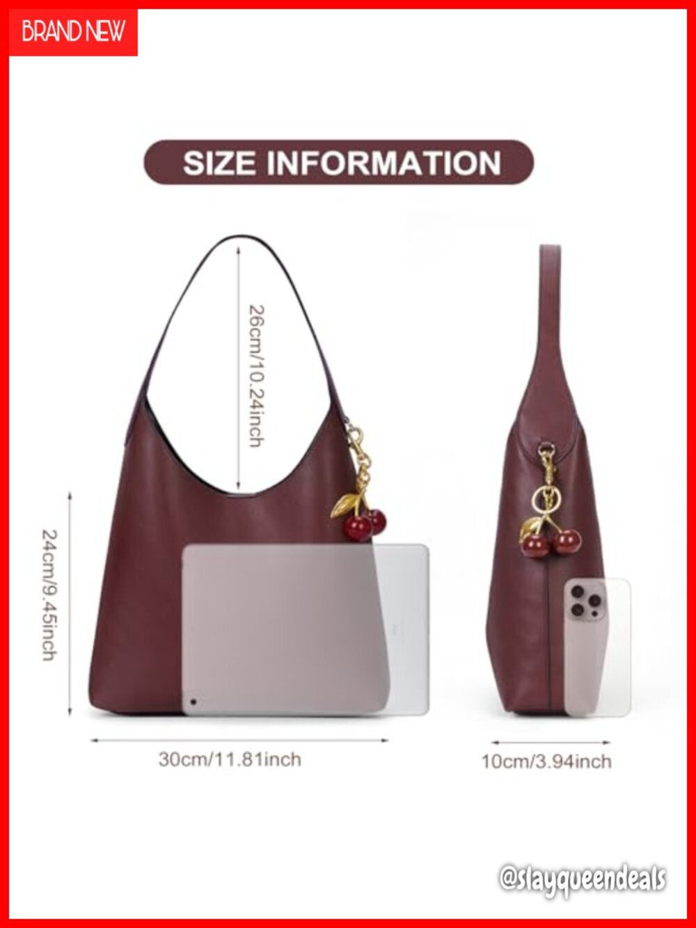 Faux Suede Vegan Leather Hobo Bag for Women Slouchy Shoulder Tote with Cherry - Picture 6 of 6